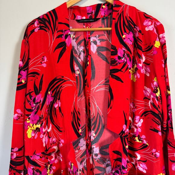 Boho Chic Red Black Floral Duster Kimono Cardigan Cover Up Sz M Knee Length NWT - Picture 3 of 10